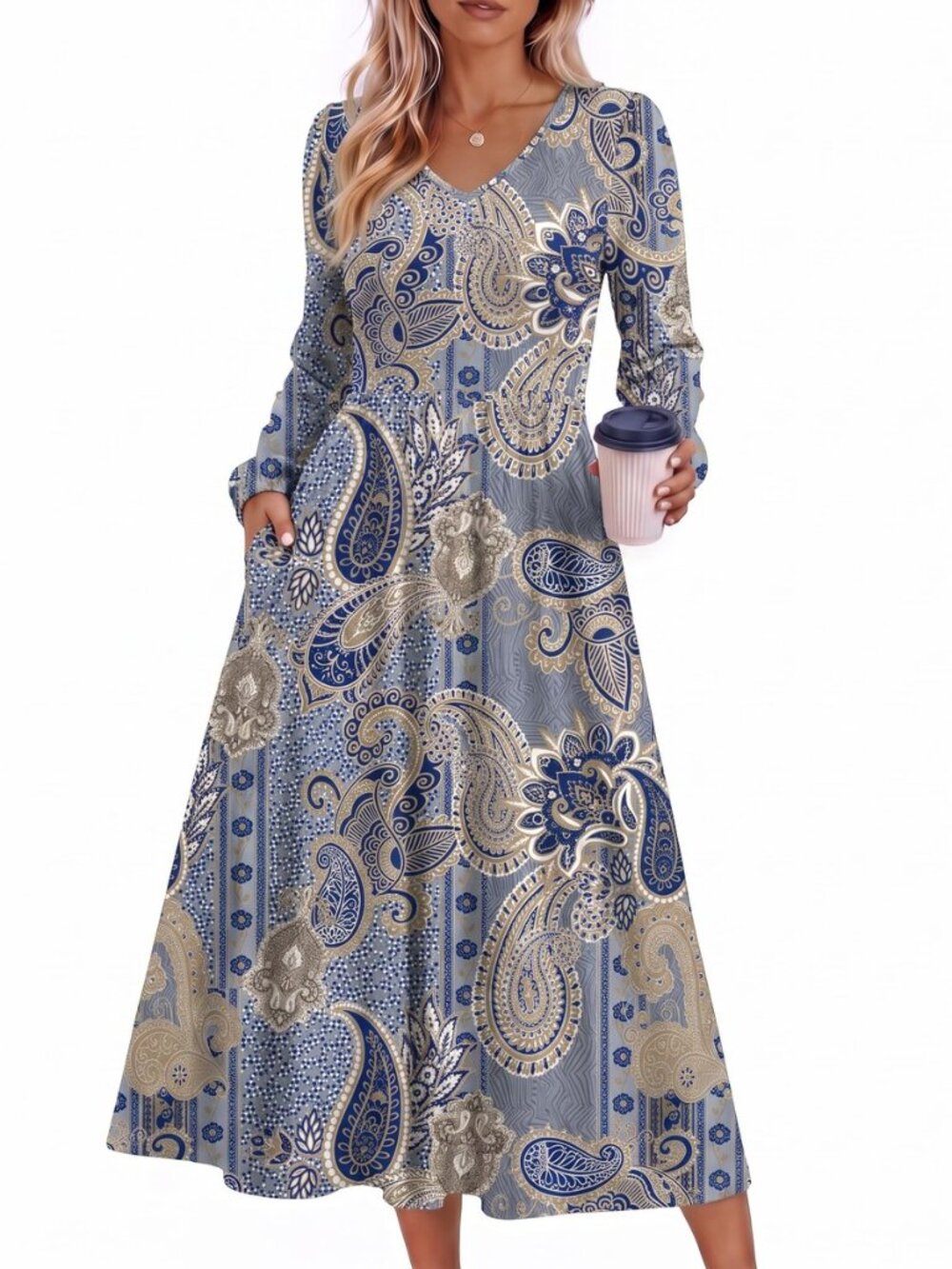 Long Sleeve Midi Dress with Pockets Fall V Neck A-Line Casual Women
